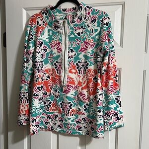 Tracy Negoshian Colorful Floral Long Sleeve Quarter Zip Front Pocket Pullover